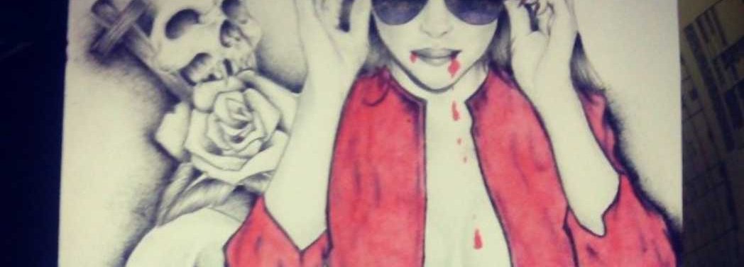 A drawing on canvas of a figure in a red jacket and sunglasses, made in ink and marker.