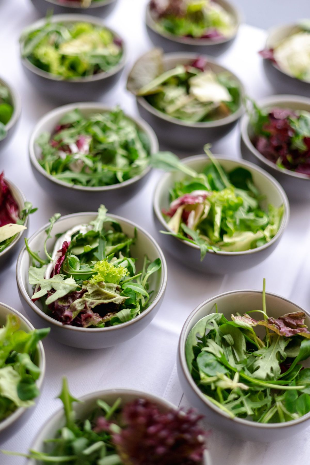 Rows of small bowls of green salad laid out on a white cloth, portioned and ready to serve.